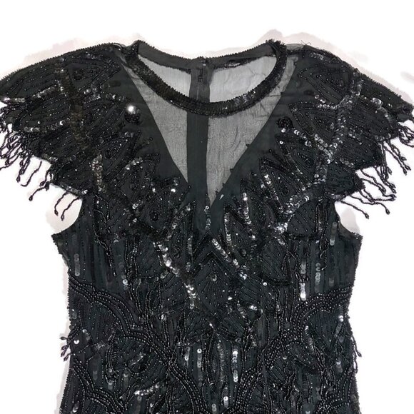 Vtg 80s 90s Laurence Kazar Silk Sequin Beaded Fringe Party Dres Art Deco Flapper - Picture 2 of 7